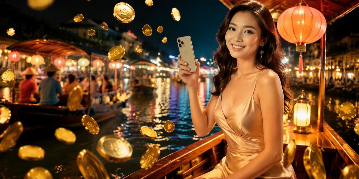 Cảnh chợ đêm Huế về đêm, người dùng trải nghiệm casino mobile và kiểm tra tiền thưởng